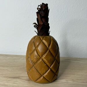 Red Mill MA Handcrafted Wooden Pineapple with Leather Crown Top Vintage USA Made